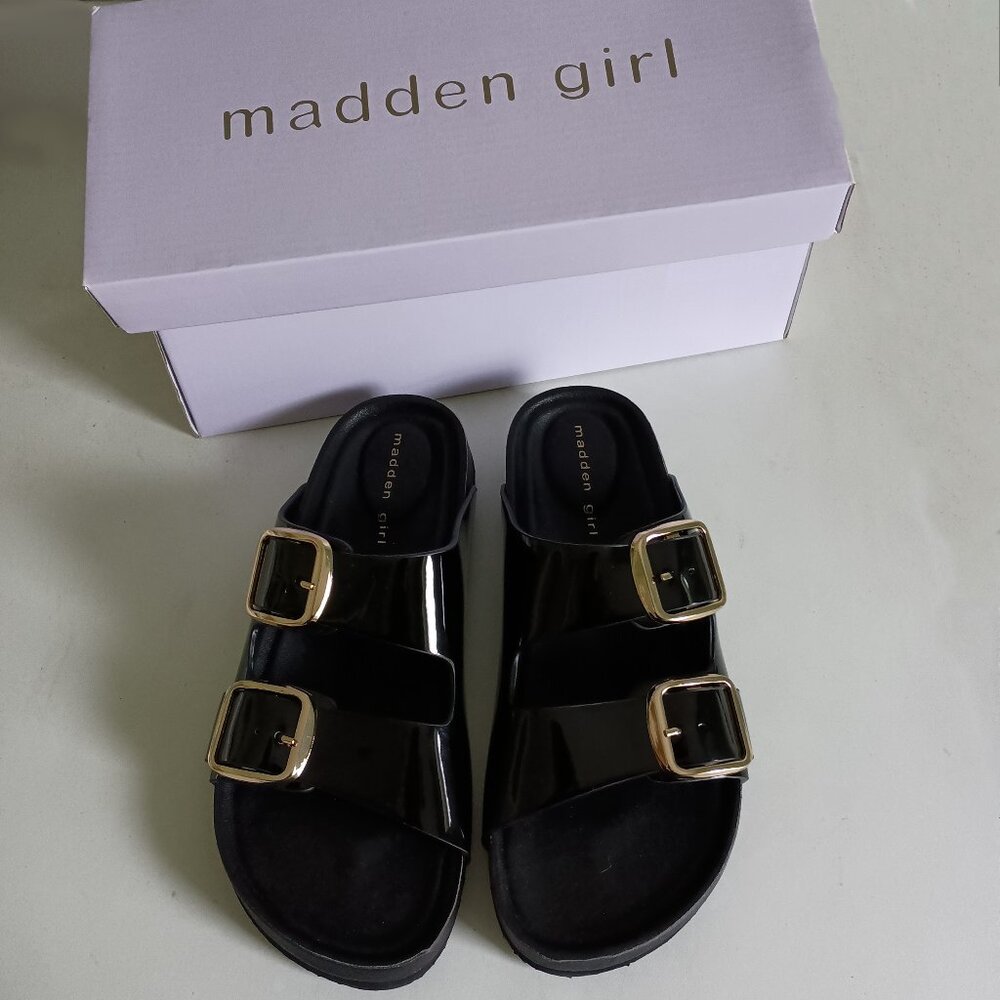 Madden Girl Glossy Black Sandals with Metallic Buckles